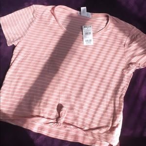 White and blush striped top